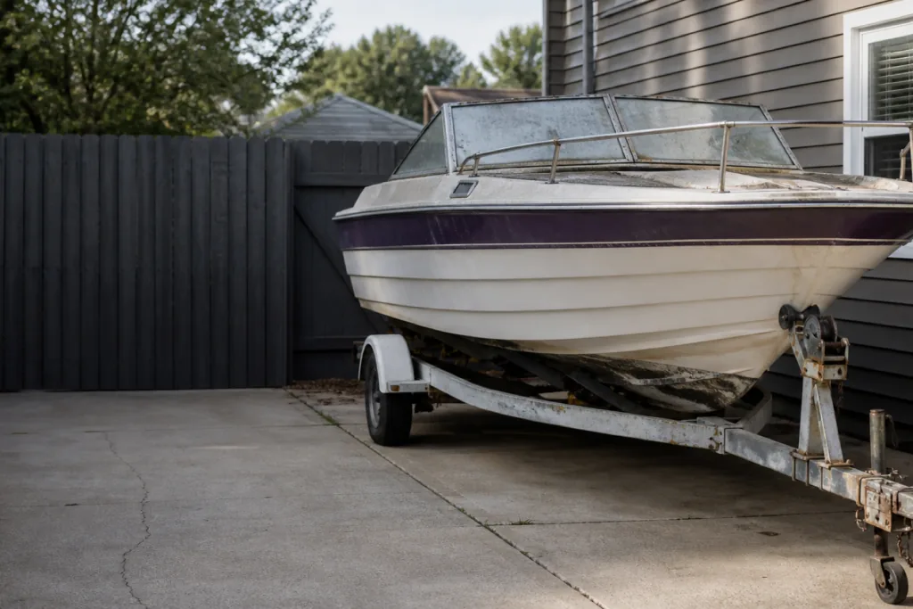 An older recreational boat on a trailer ready for removal assessment