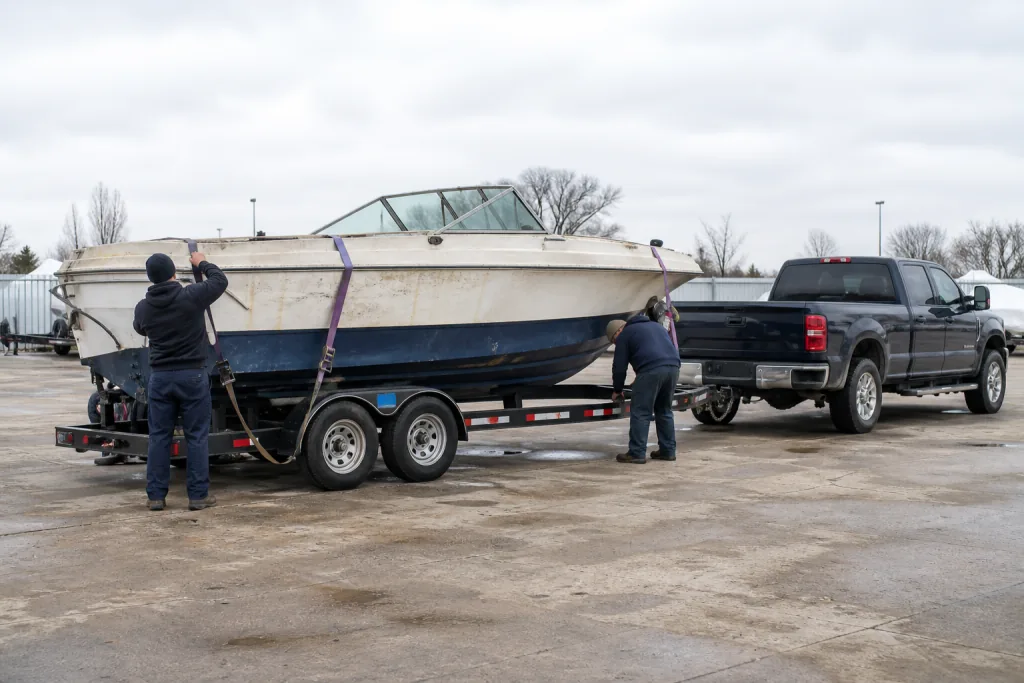 An older boat being prepared for secure transport