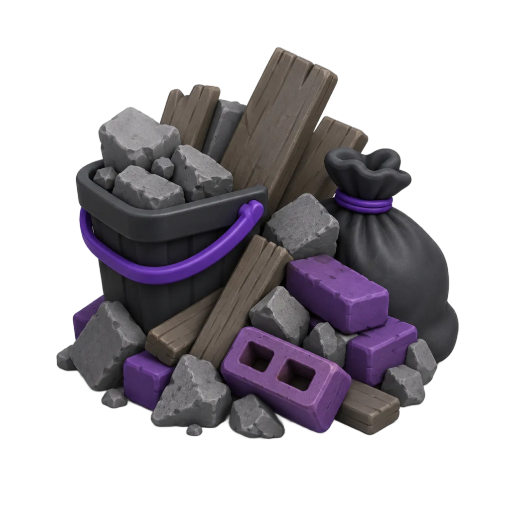 Broken concrete, bricks, lumber, and bagged debris