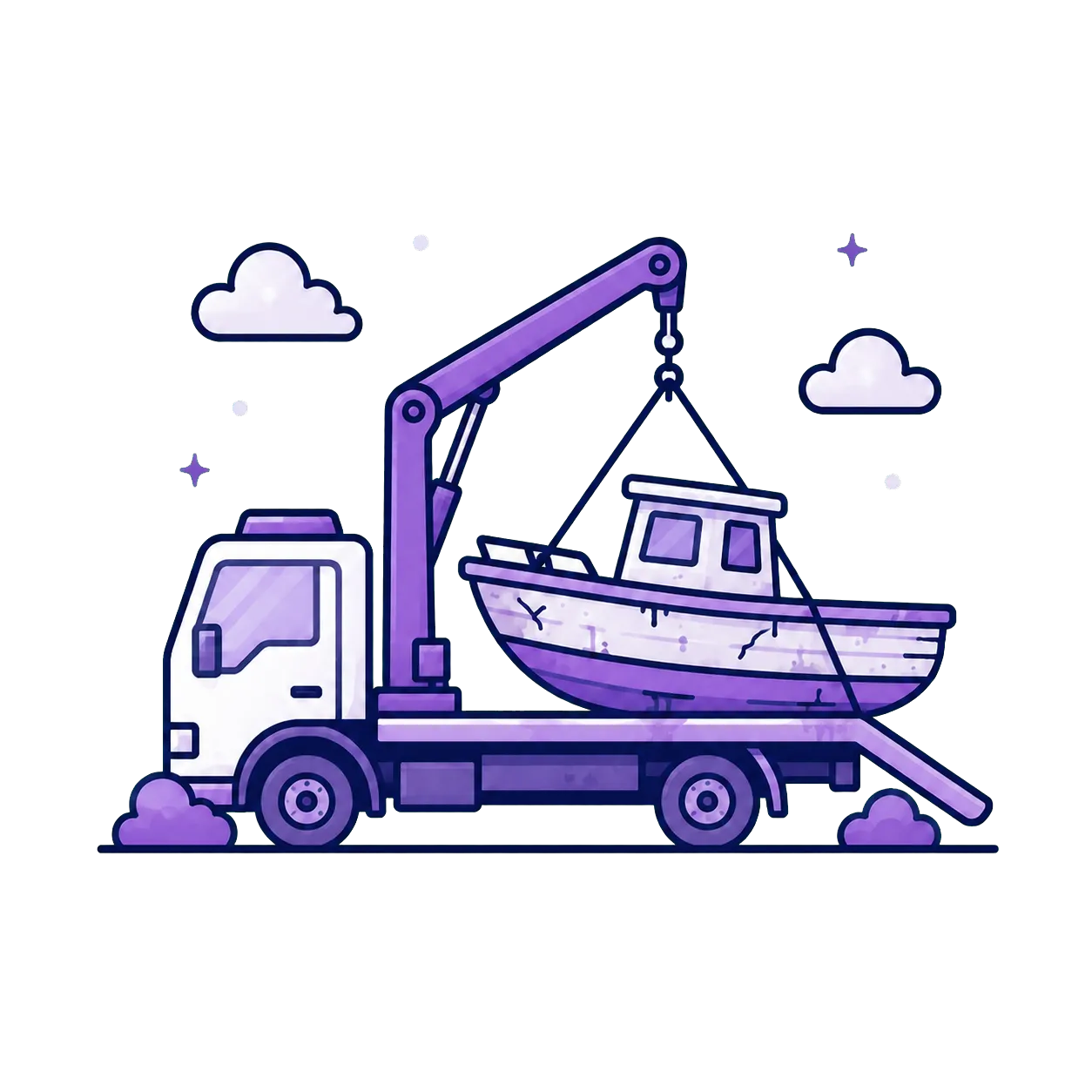 Damaged boat removal with a crane truck