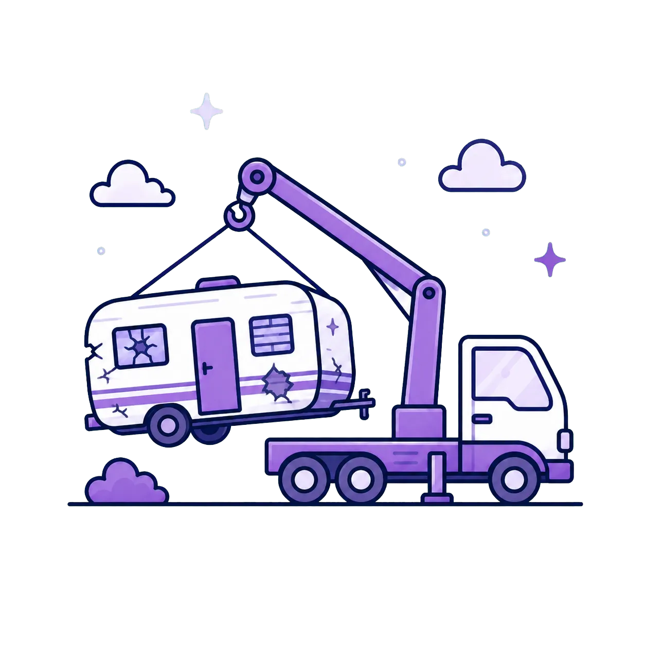 Damaged camper being lifted by a crane truck