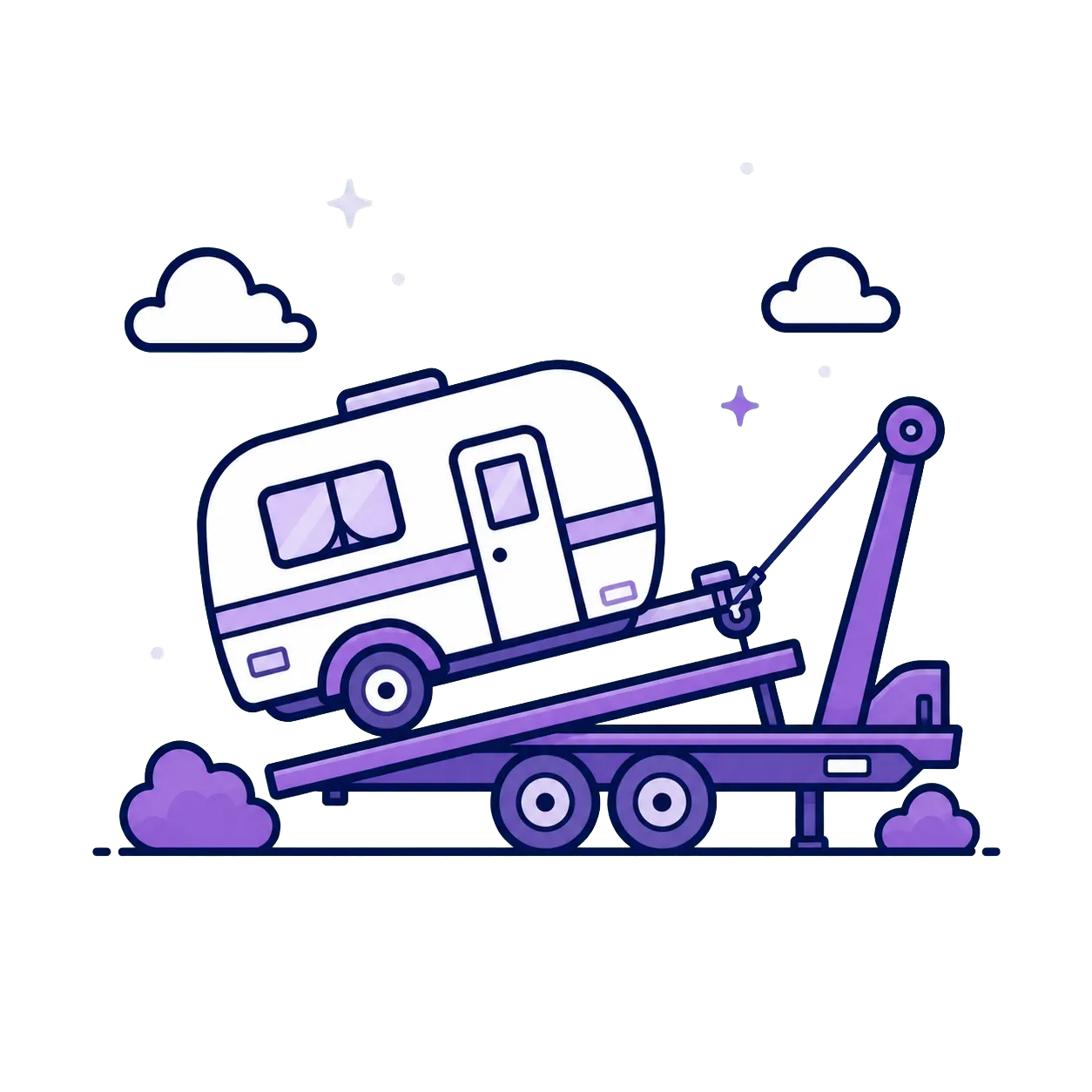 Travel trailer being loaded onto a flatbed