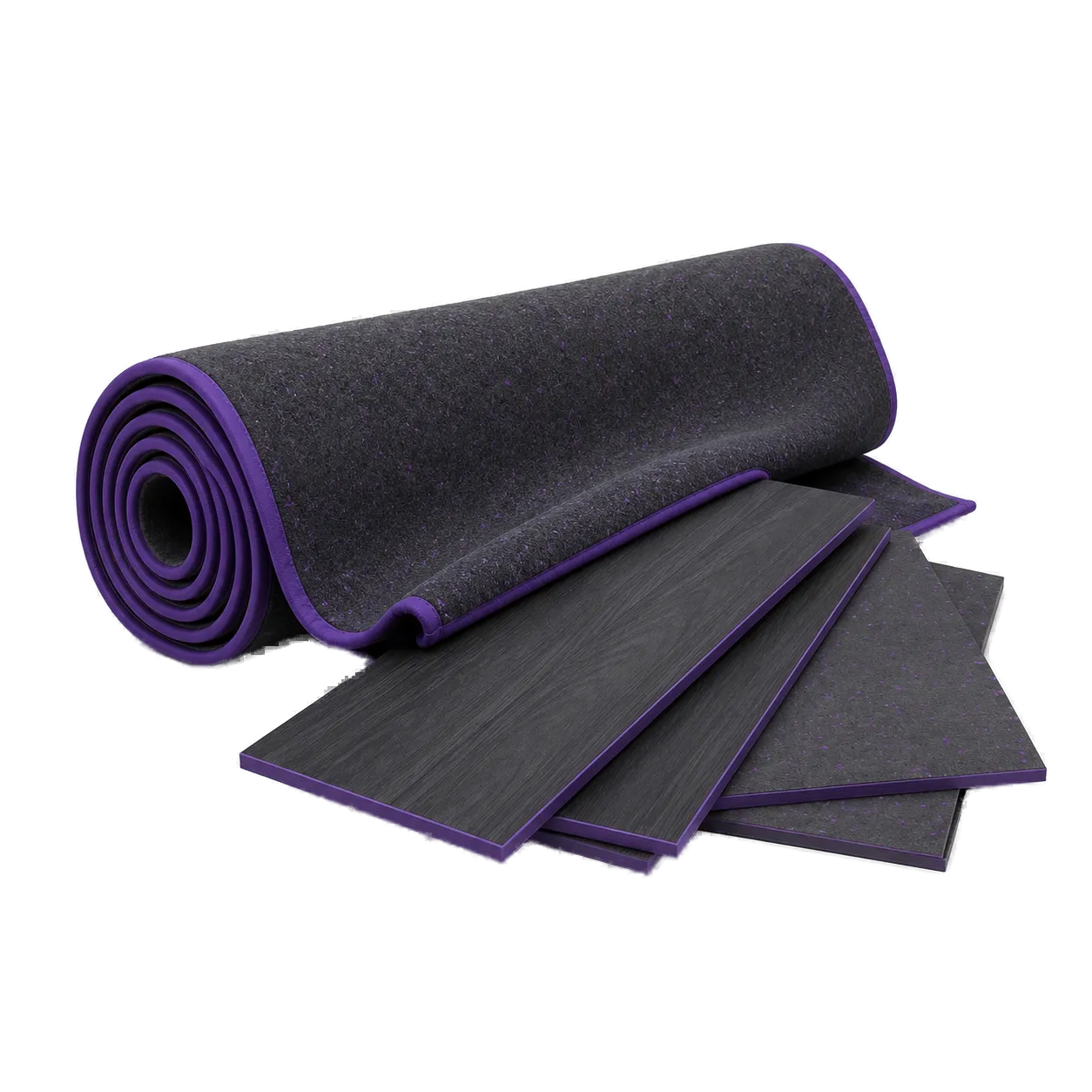 Rolled carpet and flooring pieces