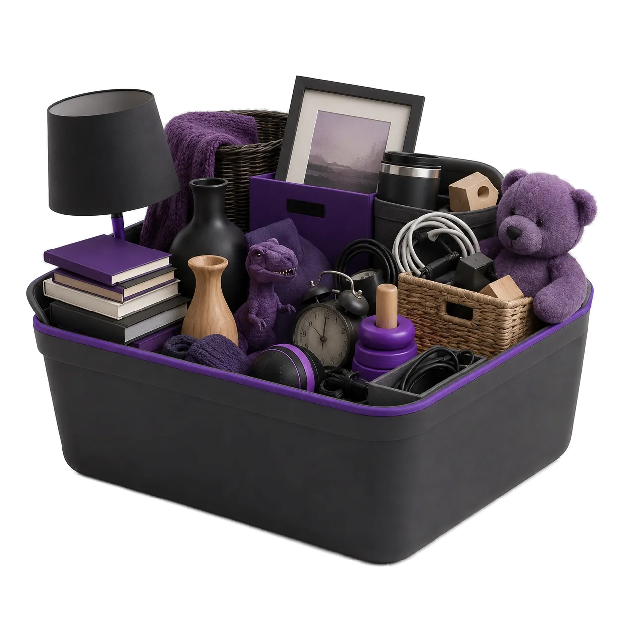 Storage bin filled with household clutter