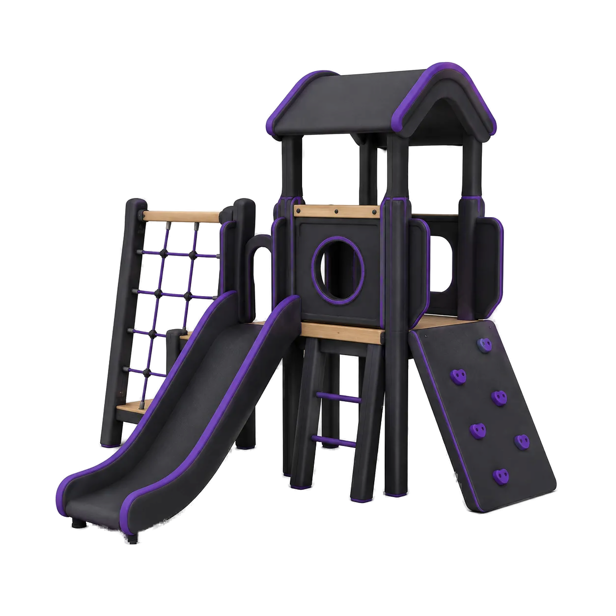 Children's playground set with slide and climbing wall