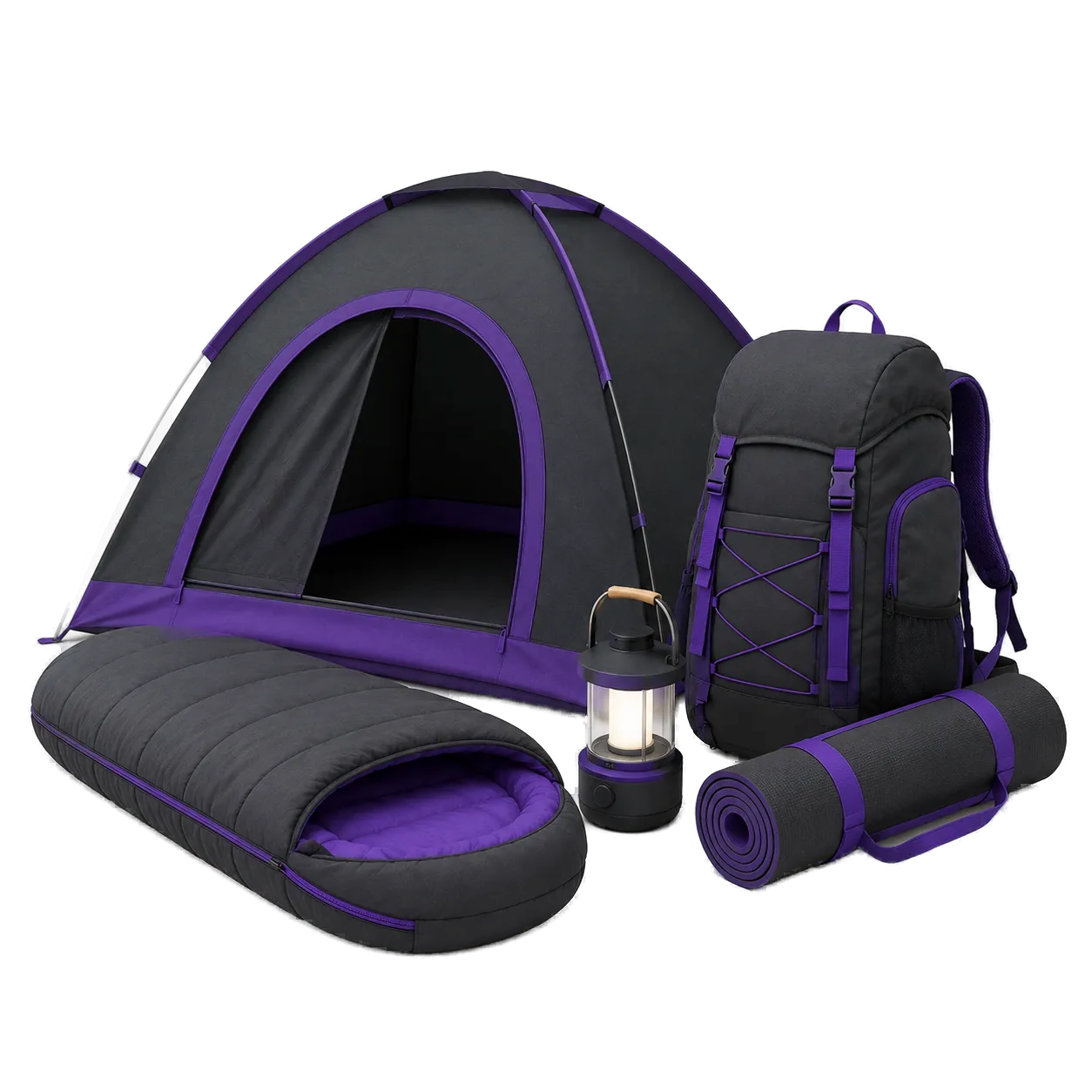 Tent, backpack, sleeping bag, and camping lantern