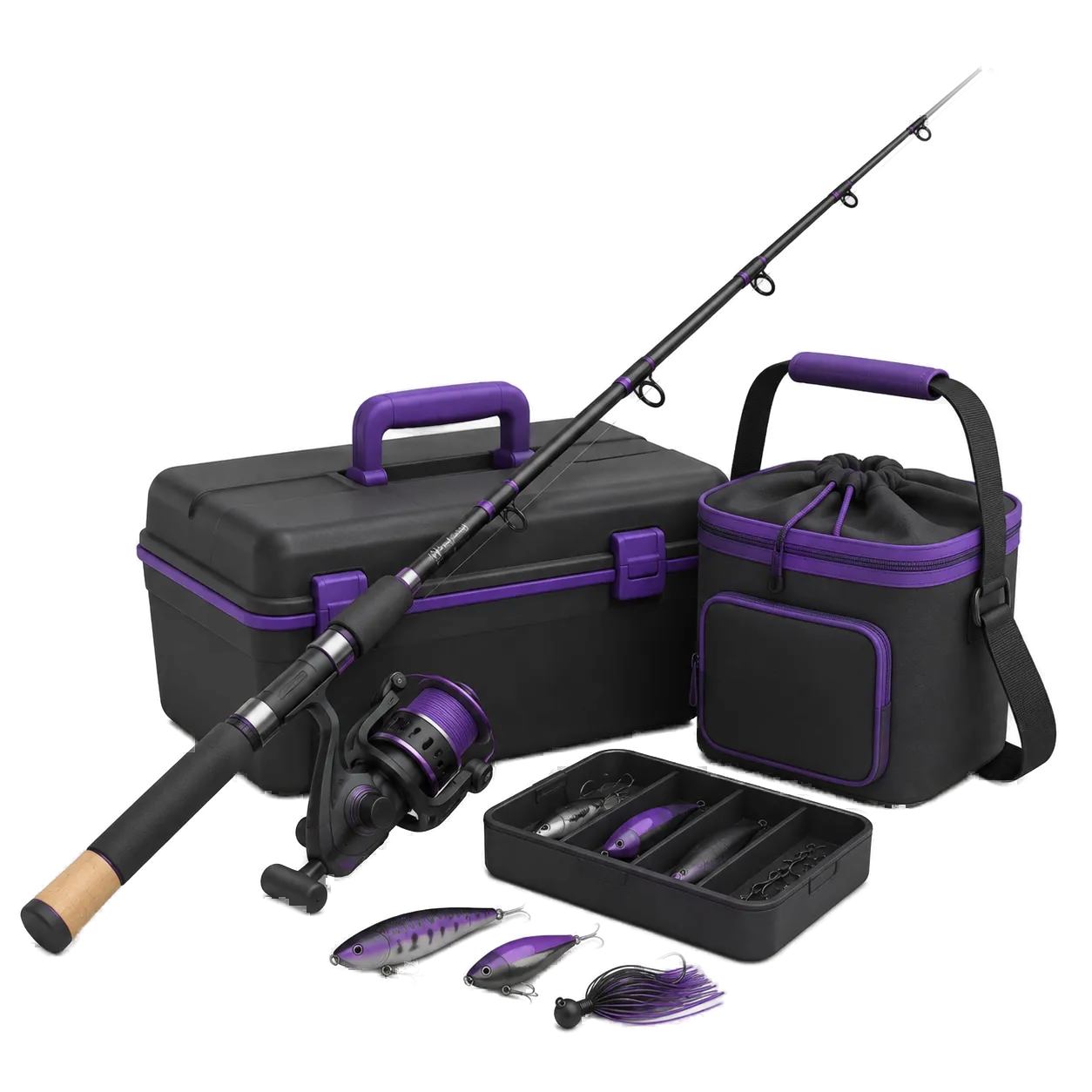 Fishing rods, tackle boxes, net, and fishing gear