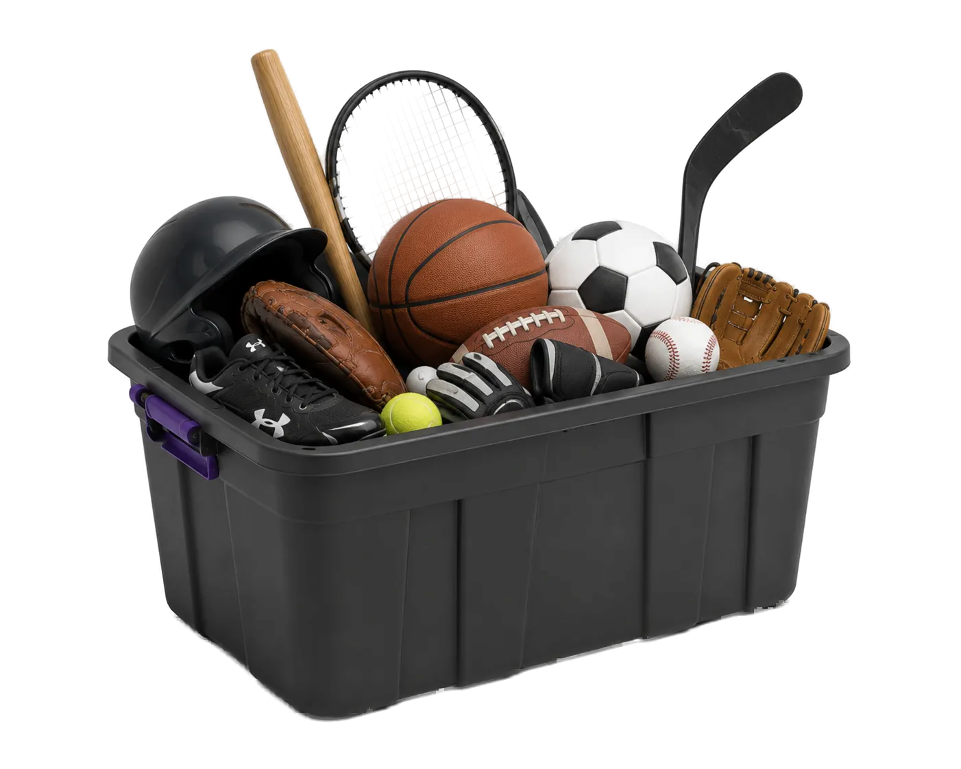 Storage bin filled with sports equipment