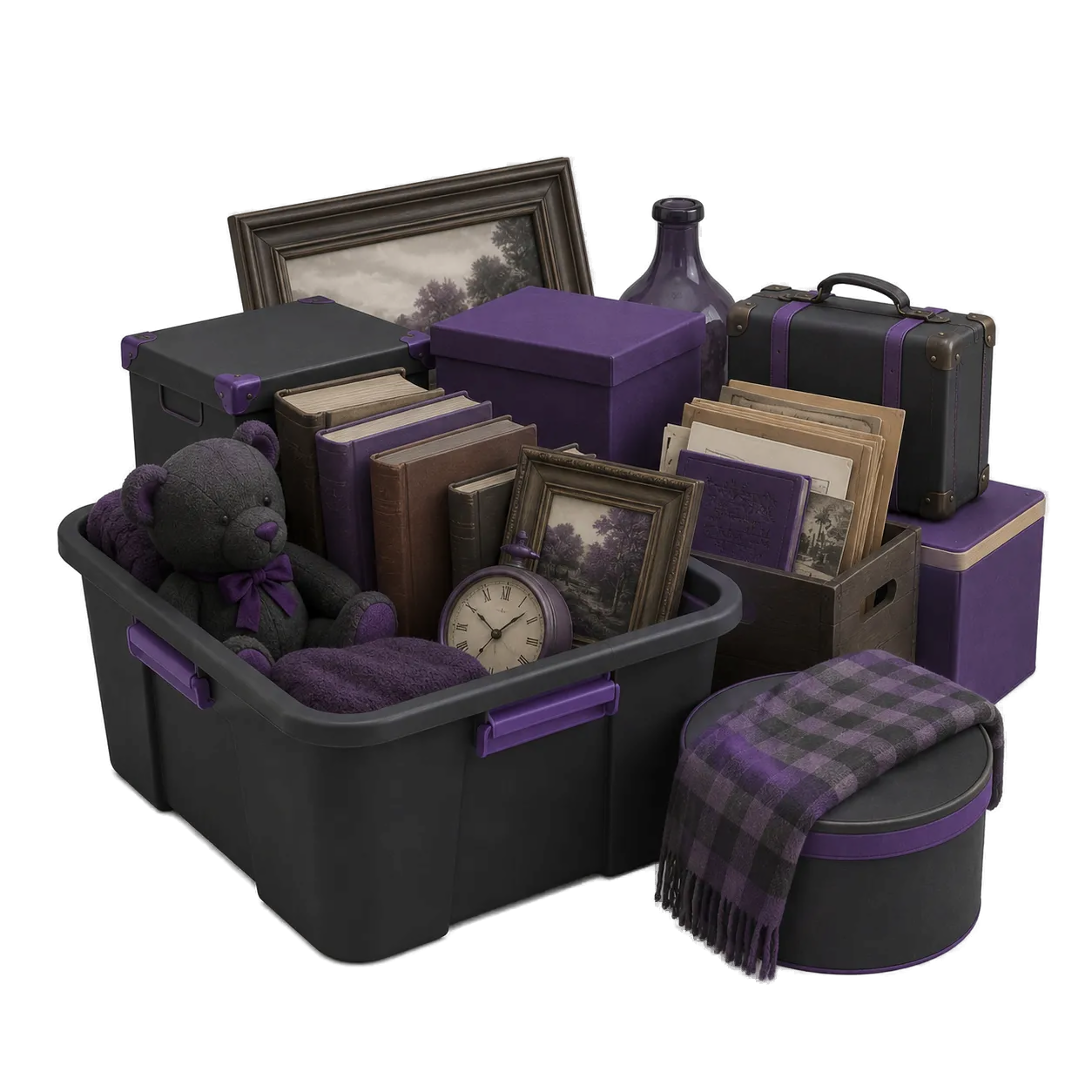Storage bins filled with attic clutter