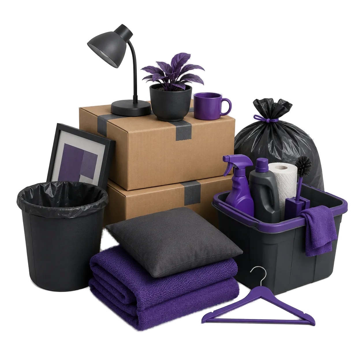 Boxes, bags, clothes, and household items for a move-out